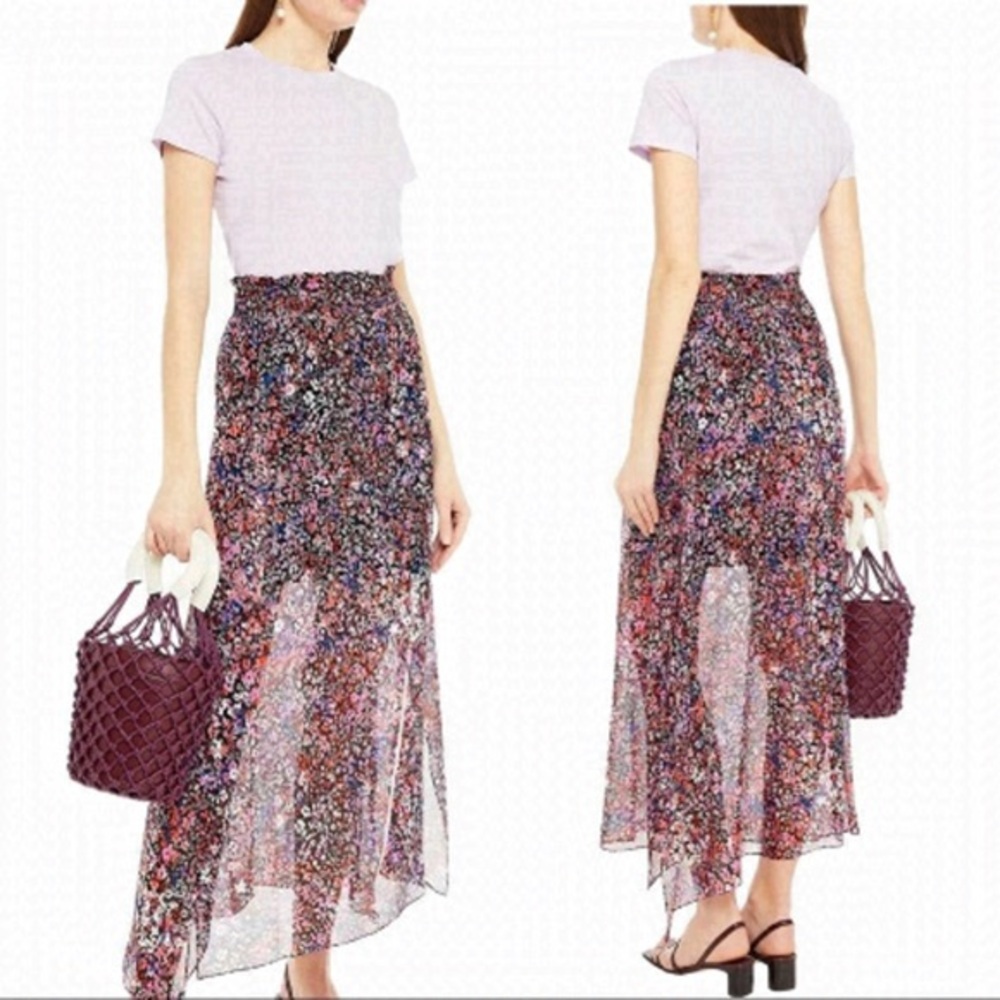 NOBO Pull On Asymmetrical Skirt Navy Blue Pink Ditsy Floral Ruffle